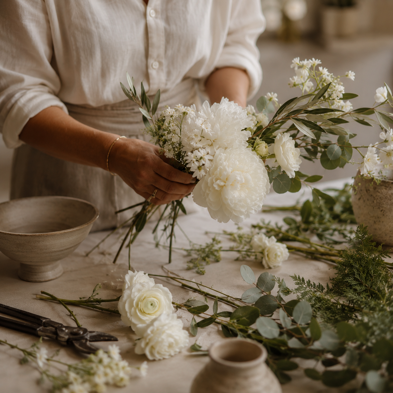 A florist arranging white flowers and greenery by hand