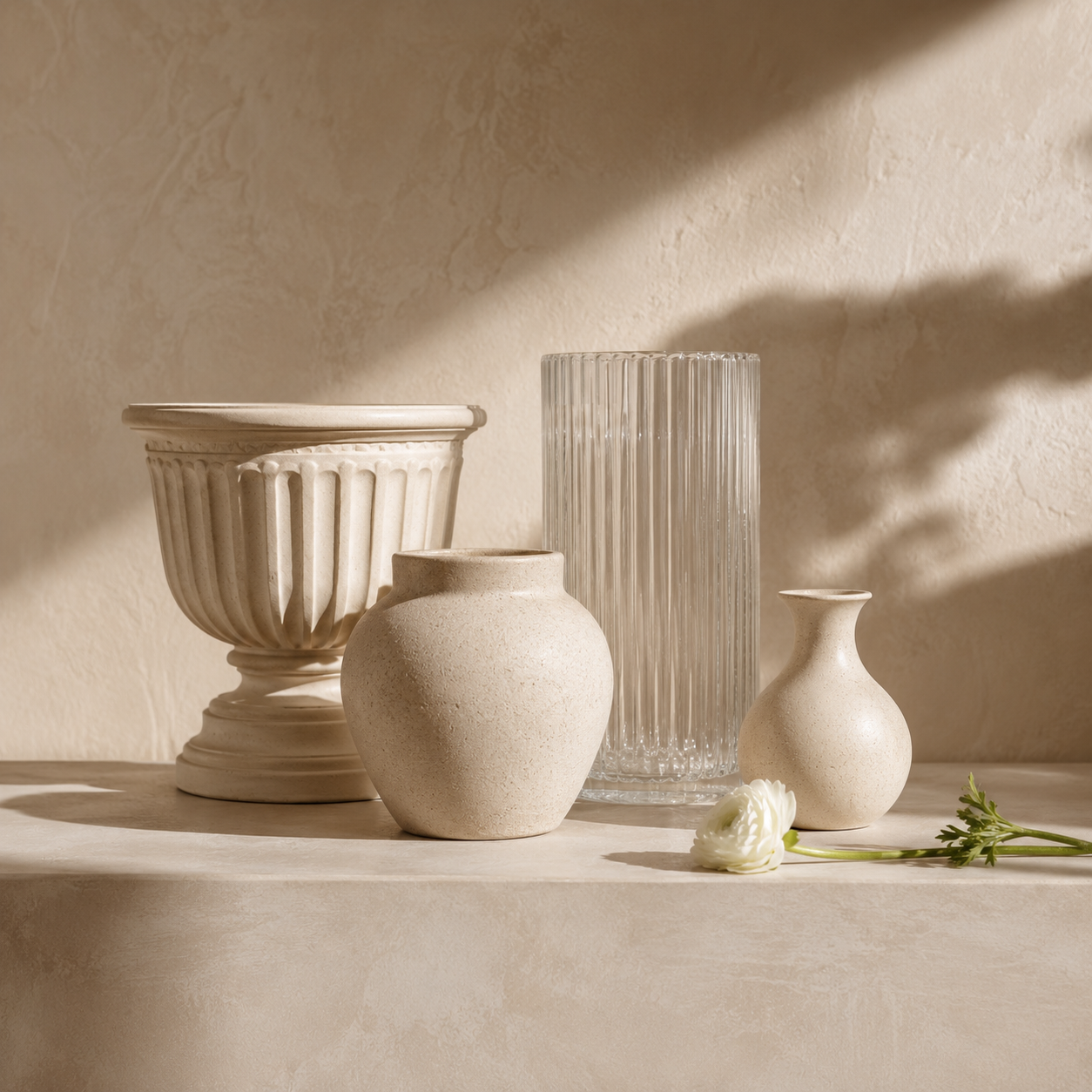 A curated set of stone and fluted-glass vessels in warm neutral tones on a plaster surface